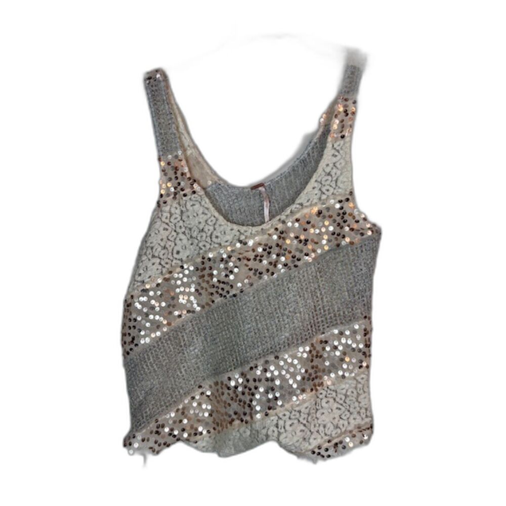 Free People Swingin' Sequin Lace Mixed Media Tank Top Rose Gold Silver Cream M